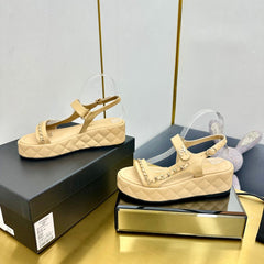 CC WEDGE SANDALS 25S IN BEIGE CALFSKIN WITH GOLD HARDWARE