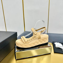 CC WEDGE SANDALS 25S IN BEIGE CALFSKIN WITH GOLD HARDWARE