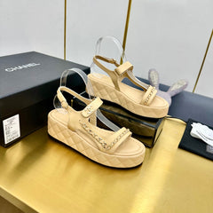 CC WEDGE SANDALS 25S IN BEIGE CALFSKIN WITH GOLD HARDWARE