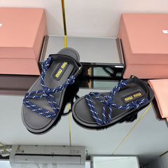 RIVIERE SANDALS IN BLACK CALFSKIN DARK BLUE CORD
