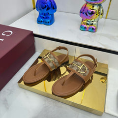 GG FLAT THONG SANDALS WITH ANKLE STRAP IN BROWN LAMBSKIN AND BEIGE FABRIC