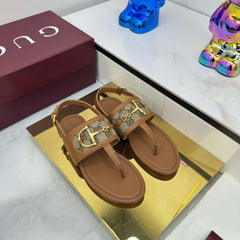 GG FLAT THONG SANDALS WITH ANKLE STRAP IN BROWN LAMBSKIN AND BEIGE FABRIC