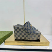 GG WEDGE SLIDES 110 IN GREY FABRIC WITH GOLD HARDWARE