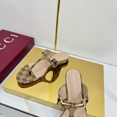 THONG SANDALS IN DARK BEIGE FABRIC PRINTED LOGO WITH GOLD HARDWARE