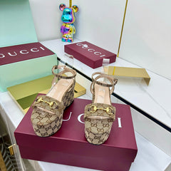 GG WEDGE HEELS IN DARK BEIGE FABRIC AND CALFSKIN WITH GOLD HARDWARE STYLE 3