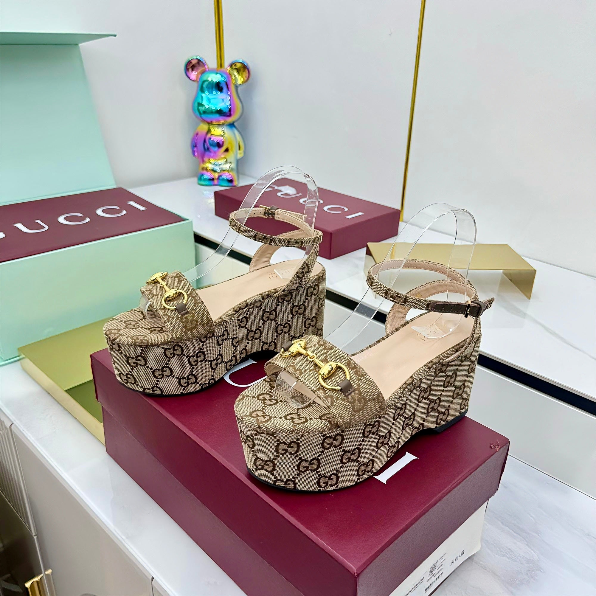 GG WEDGE HEELS IN DARK BEIGE FABRIC AND CALFSKIN WITH GOLD HARDWARE STYLE 3