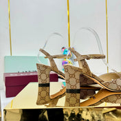 GG HEELED SANDALS 25S 65 MM IN DARK BEIGE CANVAS WITH GOLD HARDWARE
