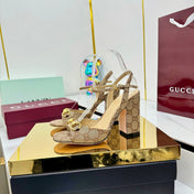 GG HEELED SANDALS 25S 95 MM IN DARK BEIGE CANVAS WITH GOLD HARDWARE