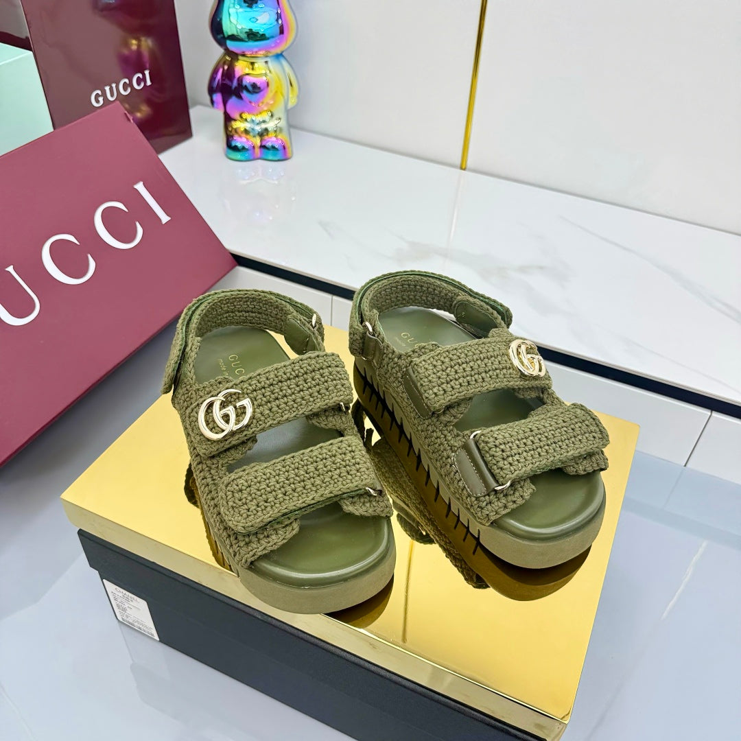 GG SANDALS 25S IN MOSS GREEN CROCHET COTTON FABRIC