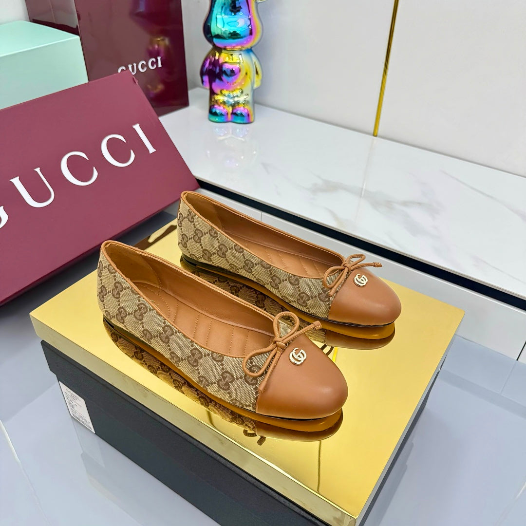 GG BALLET FLATS 25S IN BROWN LAMBSKIN MIX BEIGE CANVAS WITH BOW