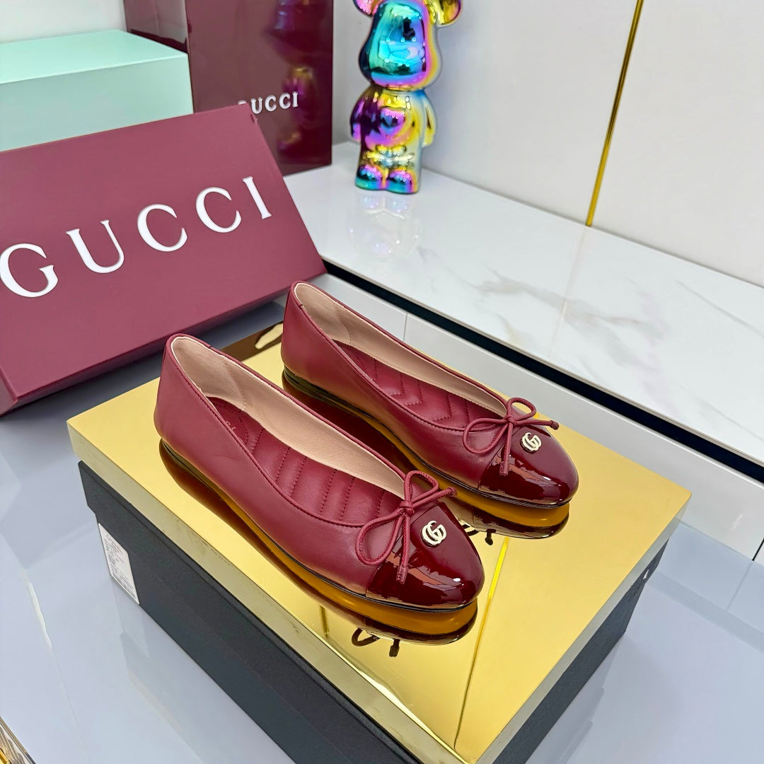 GG BALLET FLATS 25S IN RED LAMBSKIN MIX GLOSSY LEATHER WITH BOW