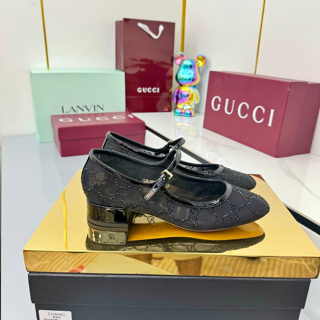 GG MARY JANE HEEL 25S 25 MM IN BLACK SEQUINED MESH FABRIC