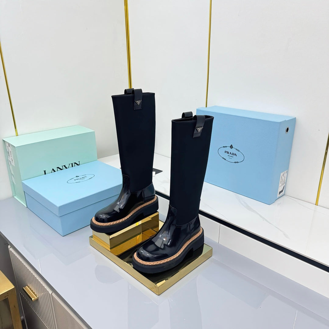 PRADA 25S HIGH BOOTS MARTIN 50MM IN BLACK GLOSSY CALFSKIN WITH LOGO