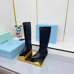 PRADA 25S POINTED TALL BOOTS 50MM IN BLACK CALFSKIN WITH LOGO