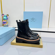 PRADA 25S LONG THICK SOLED MARTIN BOOTS 50MM IN BLACK GLOSSY CALFSKIN