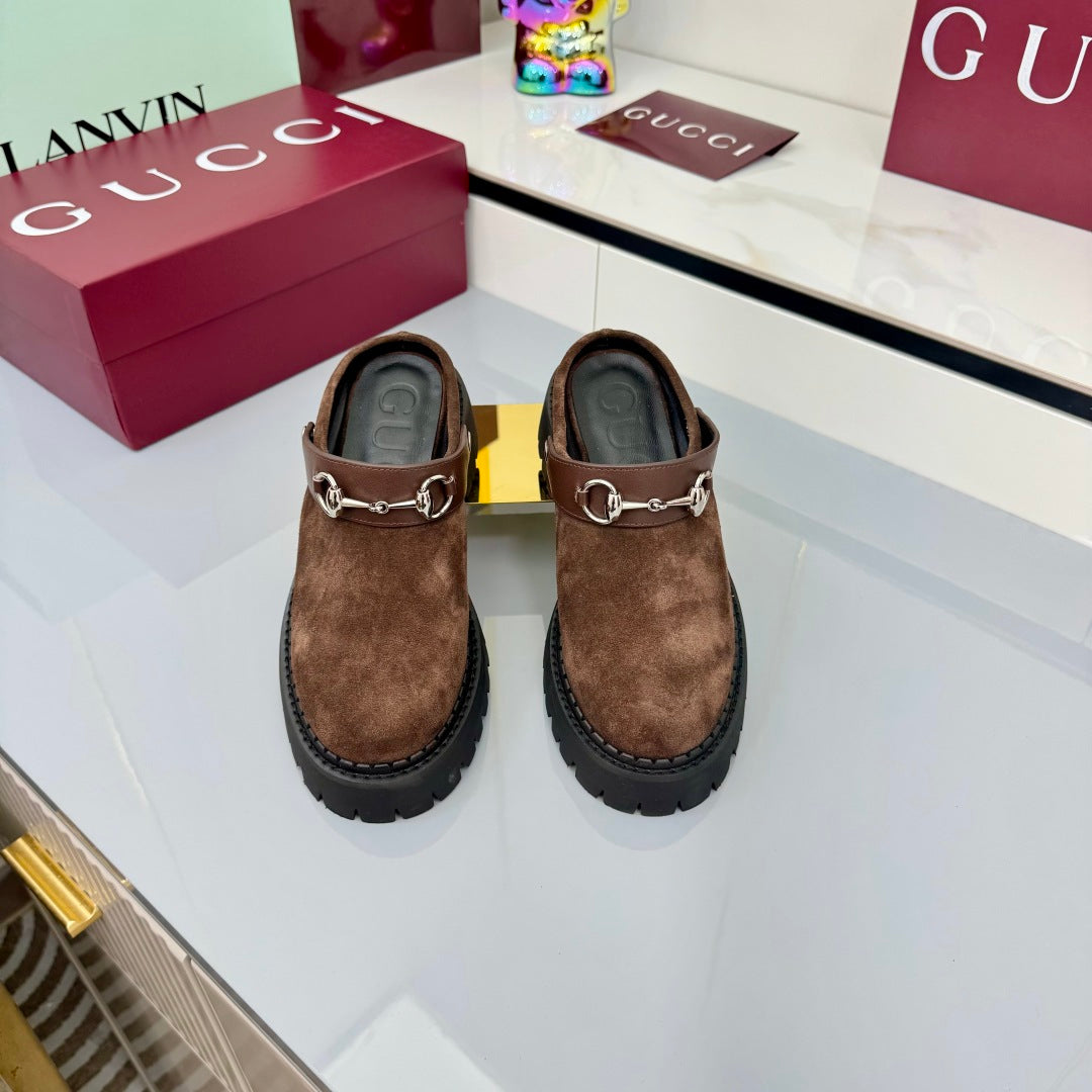 GG PLATFORM MULES 25S IN BROWN SUEDE