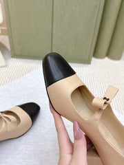 CHANEL 25S MARY JANE SHOES IN BEIGE SHEEPSKIN MIX BLACK GLOSSY WITH BOW