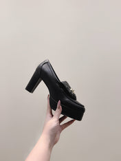 CHANEL 25S HIGH-HEELED MOCCASINS 80MM IN BLACK CALFSKIN GOLD HARDWARE