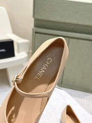 CHANEL 25S MARY JANE FLATS IN BEIGE LAMBSKIN WITH BLACK CAP TOE SILVER HARDWARE