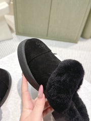 CHANEL 25S FUR-LINED MULES IN BLACK SUEDE