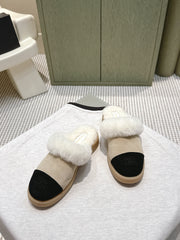 CHANEL 25S FUR-LINED MULES IN BEIGE AND BLACK SUEDE