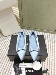 CHANEL 25S MARY JANE BALLET FLATS IN BLUE SILK SATIN