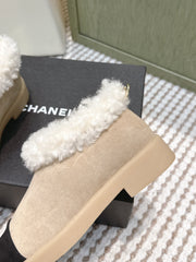 CHANEL 25S SHORT SUEDE BOOTS IN BEIGE AND BLACK WITH SHEEPSKIN LINING