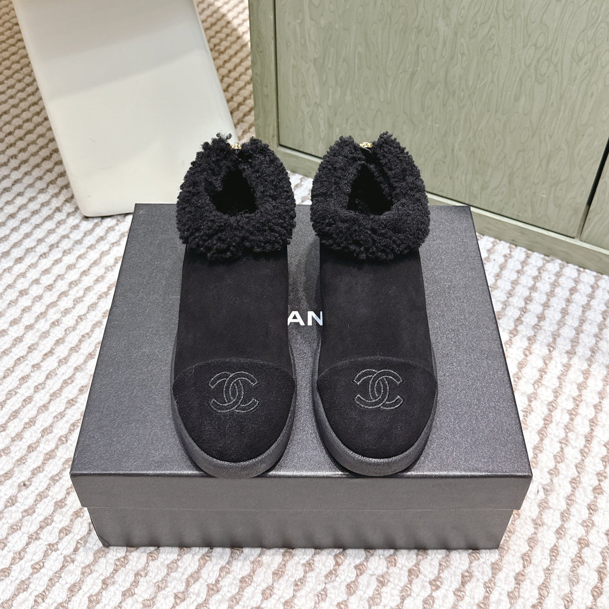 CHANEL 25S SHORT SUEDE BOOTS IN BLACK WITH SHEEPSKIN LINING