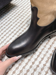 CHANEL 25S KNEE-HIGH BOOTS IN TAN BROWN SUEDE MIX BLACK CALFSKIN