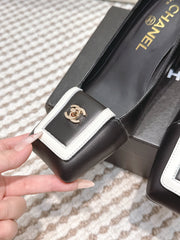 CHANEL 25S SLINGBACK SHOES 90MM IN BLACK CALFSKIN SQUARE TOE GOLD HARDWARE