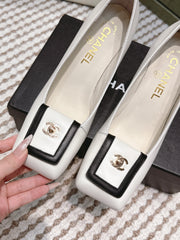 CHANEL 25S SLINGBACK SHOES 90MM IN WHITE CALFSKIN SQUARE TOE GOLD HARDWARE