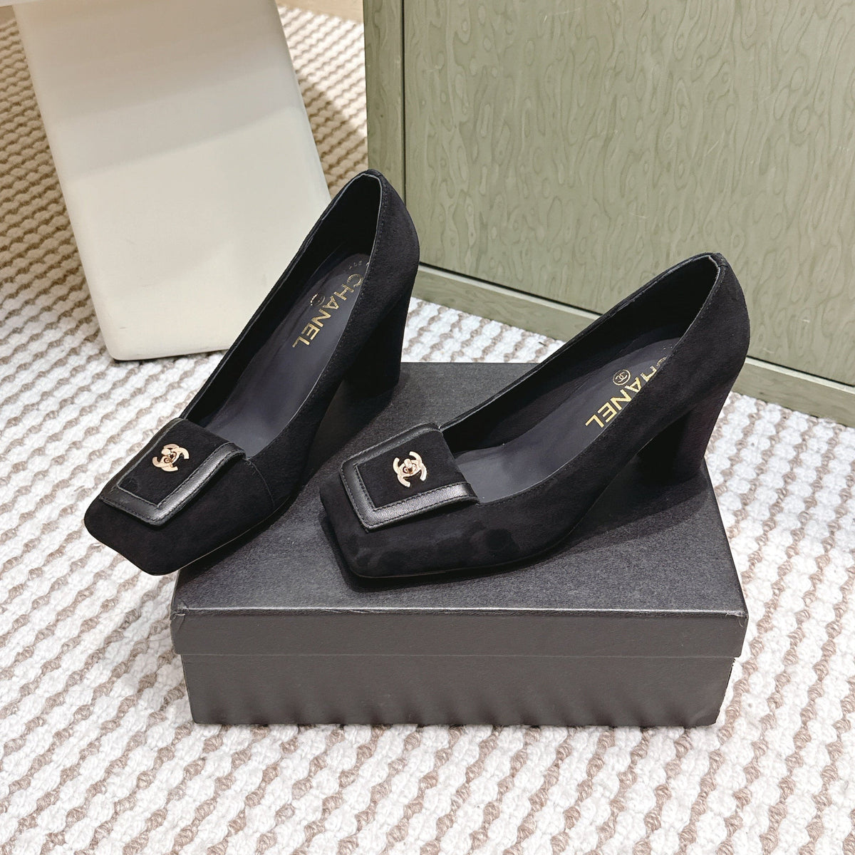 CHANEL 25S SLINGBACK SHOES 90MM IN BLACK SUEDE SQUARE TOE GOLD HARDWARE