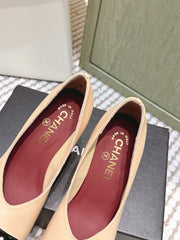 CHANEL 25S SQUARE-TOE HIGH HEELS 90MM IN DARK BEIGE AND BLACK CALFSKIN