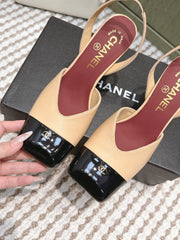 CHANEL 25S HIGH-HEELED SQUARE-TOE SLINGBACK 90MM IN DARK BEIGE AND BLACK CALFSKIN
