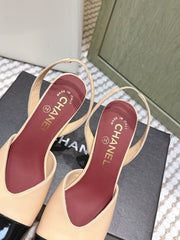 CHANEL 25S HIGH-HEELED SQUARE-TOE SLINGBACK 90MM IN DARK BEIGE AND BLACK CALFSKIN