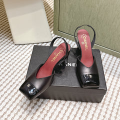 CHANEL 25S HIGH-HEELED SQUARE-TOE SLINGBACK 90MM IN BLACK CALFSKIN