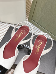 CHANEL 25S HIGH-HEELED SQUARE-TOE SLINGBACK 90MM IN WHITE AND BLACK CALFSKIN