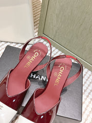 CHANEL 25S HIGH-HEELED SQUARE-TOE SLINGBACK 90MM IN DARK RED AND WHITE CALFSKIN