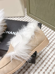 CHANEL 25S LOAFERS MOCCASIN IN BEIGE SUEDE WITH WHITE MINK FUR LINING