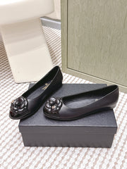 CHANEL 25S BALLET FLAT ROUND TOE IN BLACK SHEEPSKIN WITH CAMELLIA