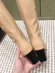 CHANEL 25S KNEE-HIGH BOOTS IN BEIGE CALFSKIN WITH RHINESTONES