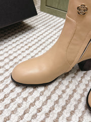 CHANEL 25S KNEE-HIGH BOOTS IN BEIGE CALFSKIN WITH RHINESTONES