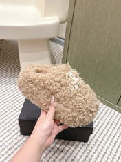 CHANEL 25S CLASSIC FURRY SLIDES IN LIGHT BROWN WITH DOUBLE C LOGO