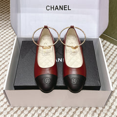 CHANEL 25S BALLERINA SHOES IN MAROON RED AND BLACK CALFSKIN GOLD HARDWARE