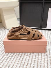 MIUMIU 26S RUCHES FISHERMAN SANDALS IN BROWN SUEDE GOLD HARDWARE