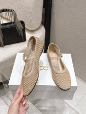 THE ROW 26S MARY JANE FLATS IN BEIGE CALFSKIN AND MESH