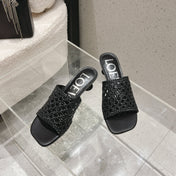 LOEWE 26S WOVEN HEEL SANDALS 50 MM IN BLACK LAMBSKIN