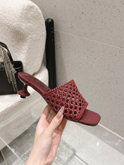 LOEWE 26S WOVEN HEEL SANDALS 50 MM IN DARK RED LAMBSKIN