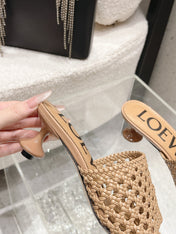 LOEWE 26S WOVEN HEEL SANDALS 50 MM IN DARK BEIGE LAMBSKIN