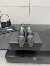 YSL 25S SLINGBACK HIGH HEELS 90 MM IN BLACK SATIN WITH GOLD HARDWARE STYLE 18